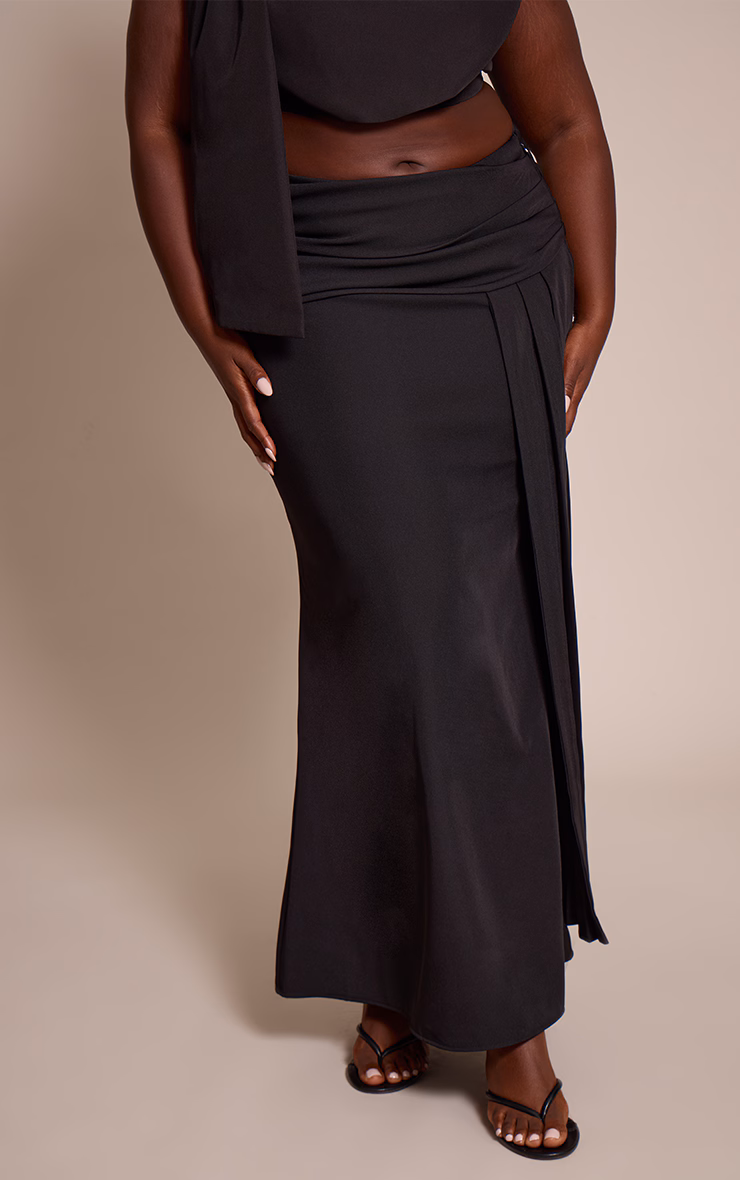 Plus Premium Black Woven Draped Fishtail Maxi Skirt
