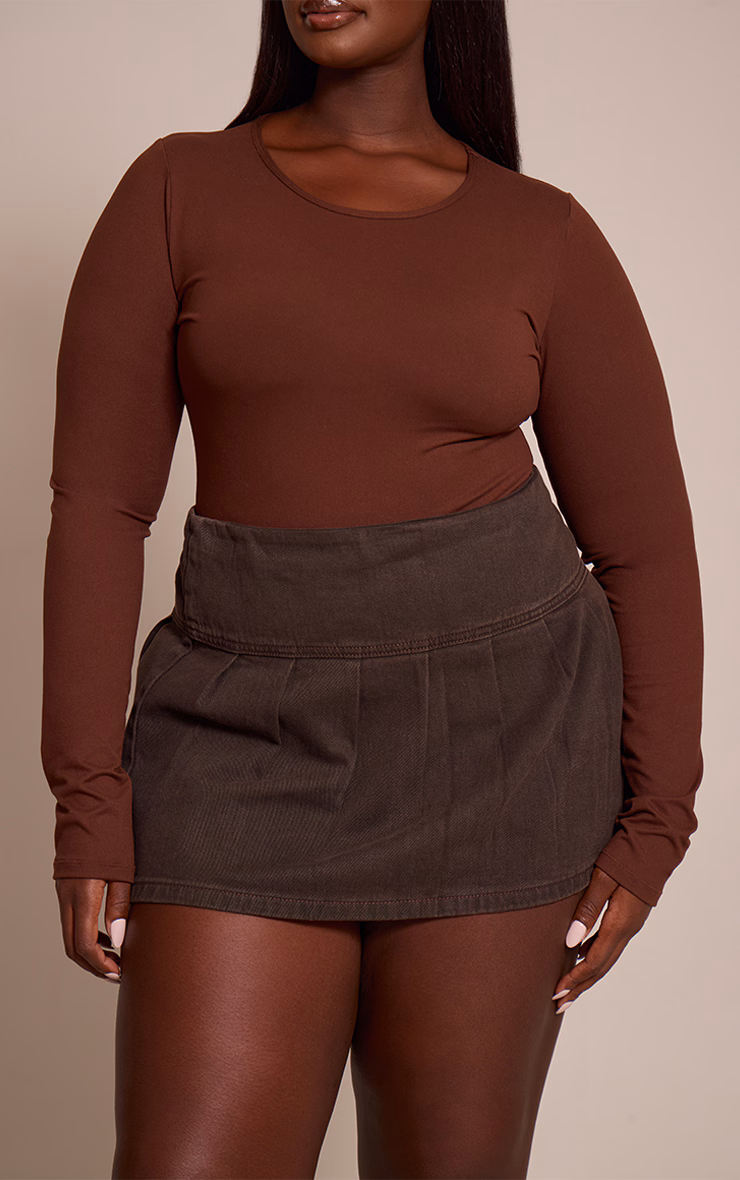 Plus Dark Chocolate Floaty Pleated Denim Mini Skirt