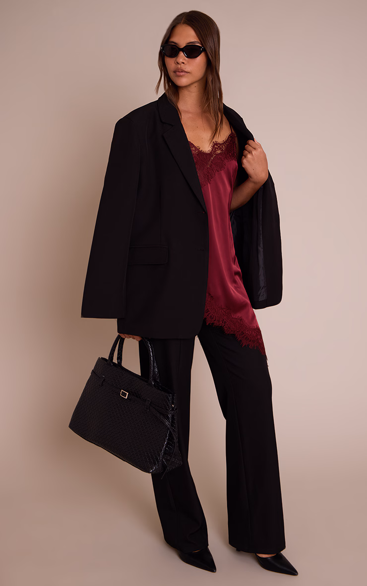 Plum Satin Lace Detail Asymmetric Long Top