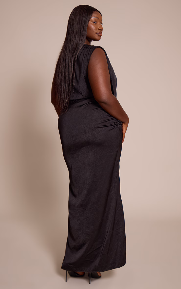 Plus Black Crushed Satin Cowl Neck Maxi Dress