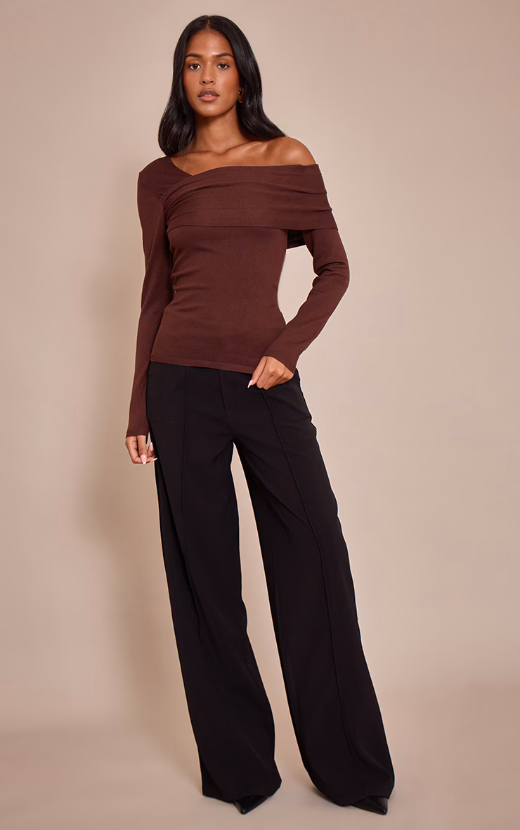 Tall Chocolate Long Sleeve Asymmetric Shoulder Knitted Top