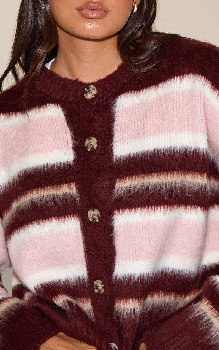 Burgundy Striped Brushed Knit Cardigan