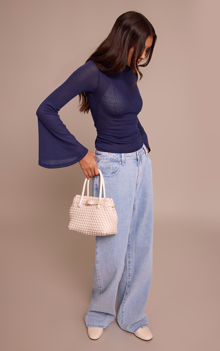 Navy Textured Extreme Flute Sleeve Long Top