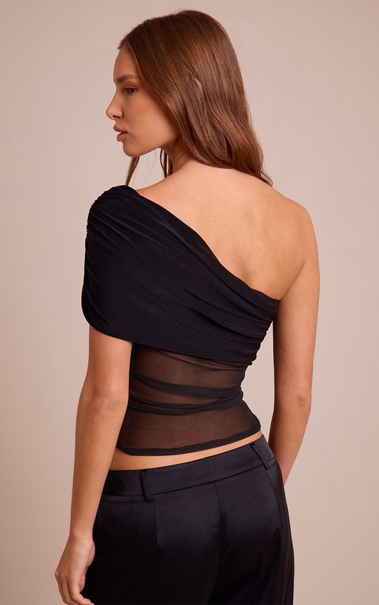 Black Mesh Panel Detail Asymmetric Long Top