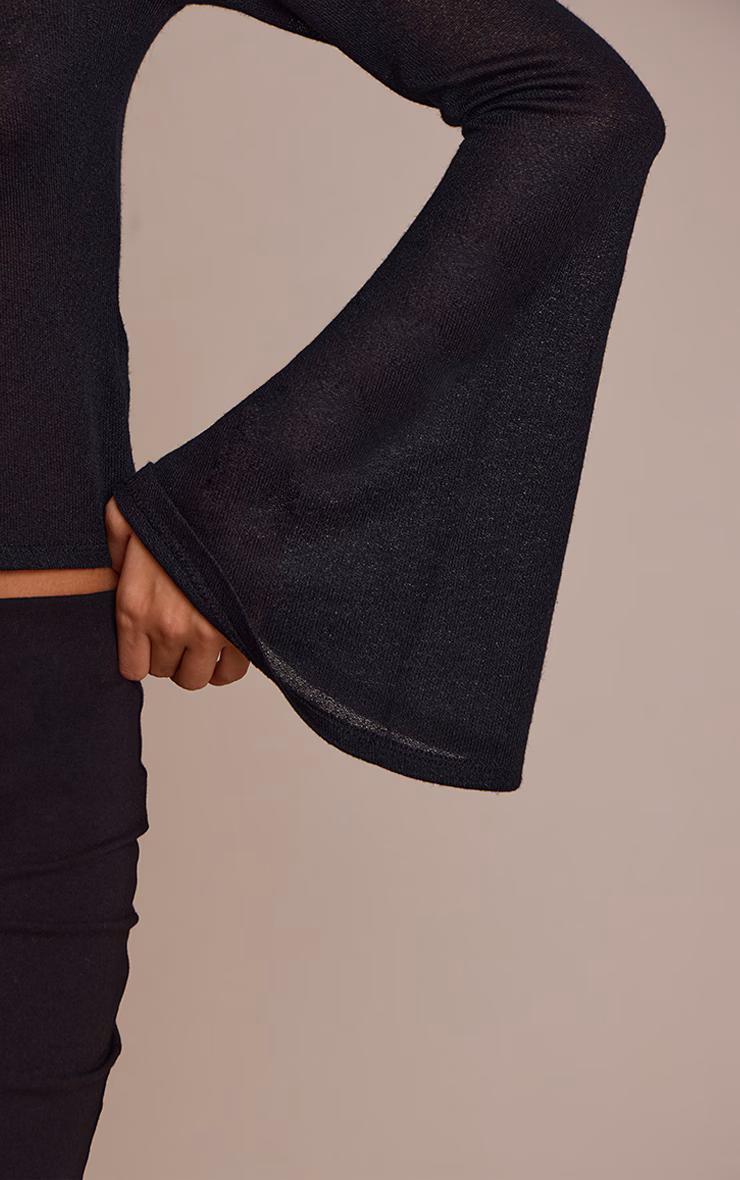 Black Textured Jersey Scoop Neck Flared Long Sleeve Top