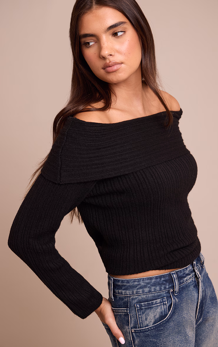 Black Off The Shoulder Knit Long Sleeve Top