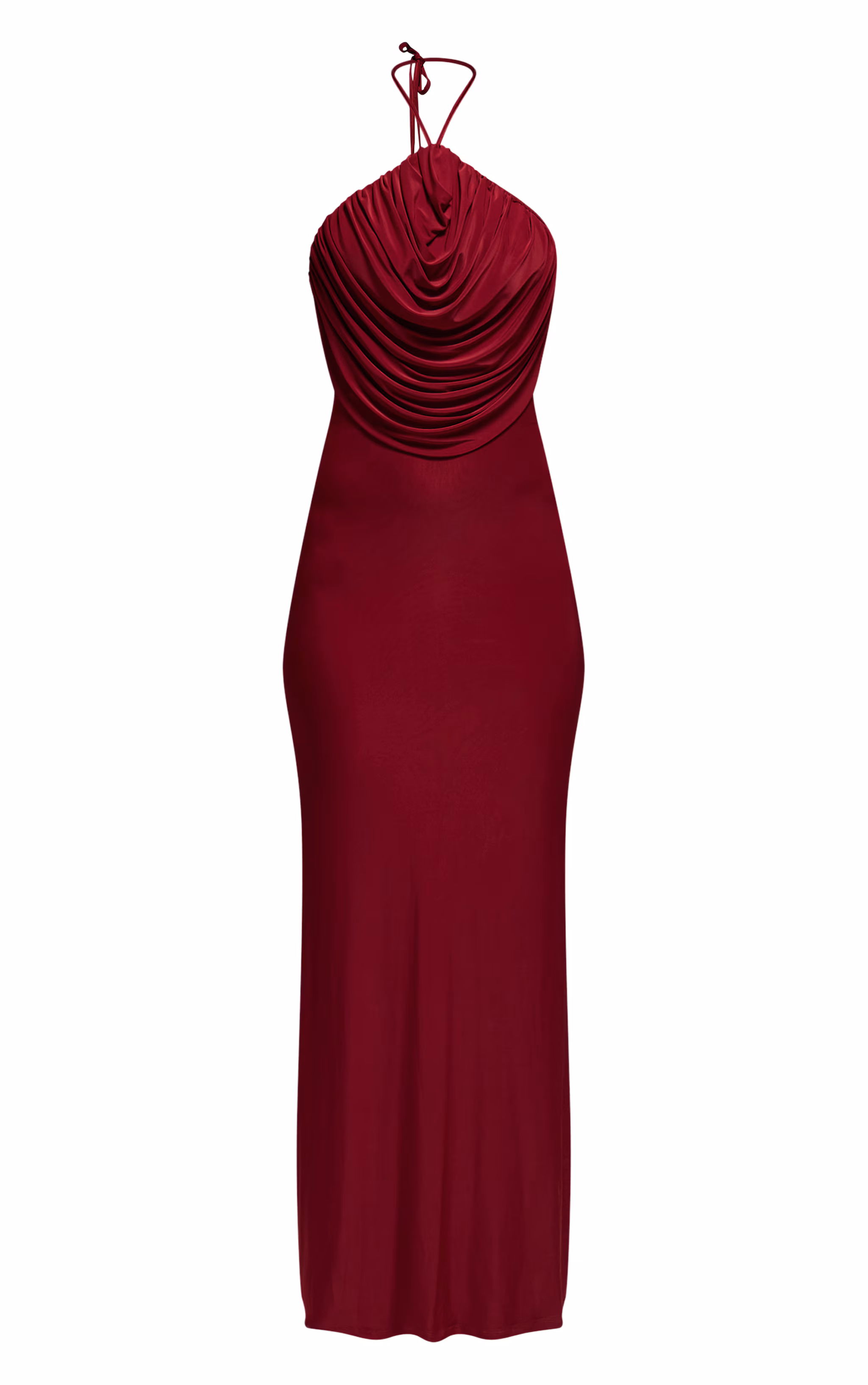 Burgundy Slinky Halterneck Draped Detail Maxi Dress