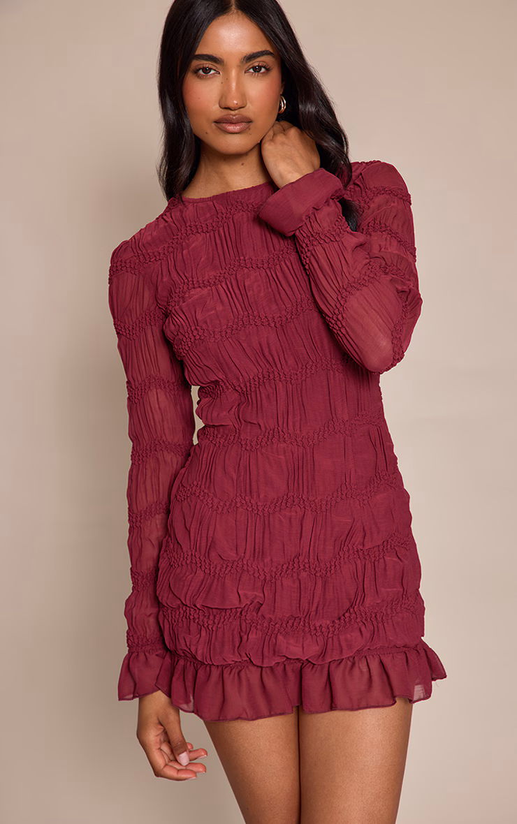 Plum Textured Long Sleeve Crew Neck Mini Dress