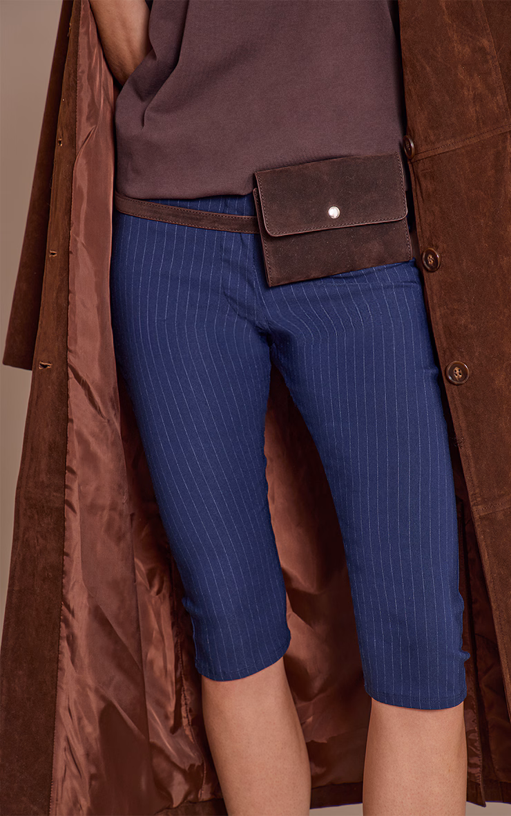 Navy Pinstripe Stretch Woven Placket Detail Capri's