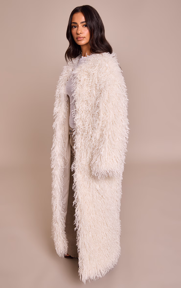 Petite Cream Faux Mongolian Fur Collarless Maxi Coat