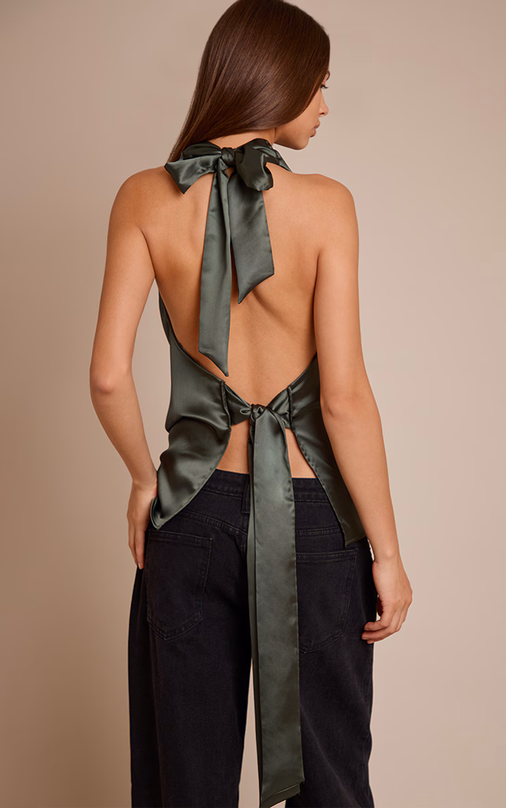 Forest Green Satin Drape Plunge Cowl Top