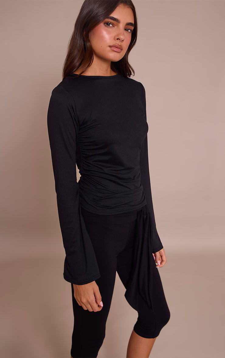Black Soft Jersey Flared Long Sleeve Top
