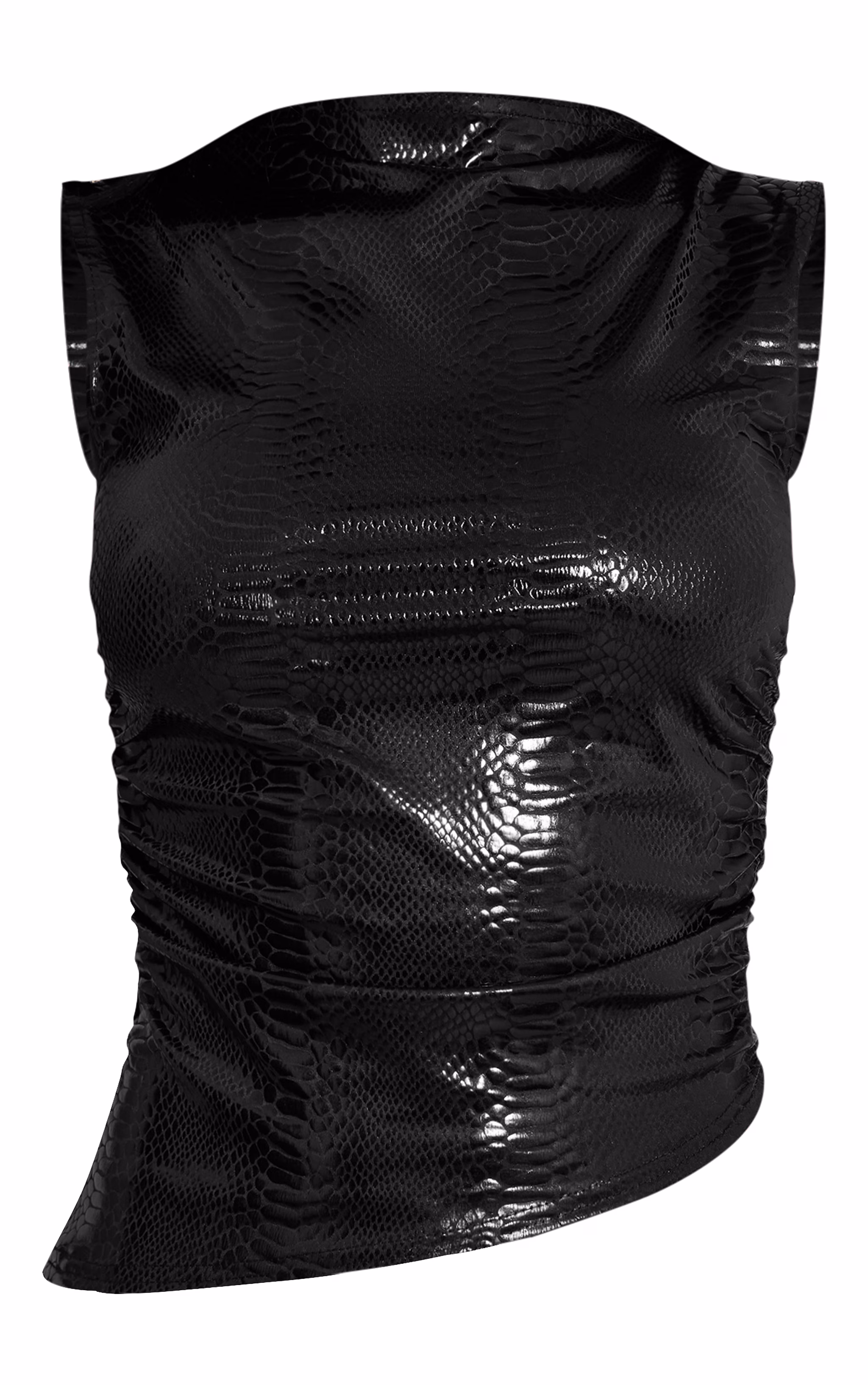 Black Wet Look Croc Print Asymmetric Top