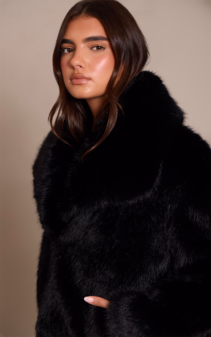 Black Faux Fur Short Shawl Collar Coat