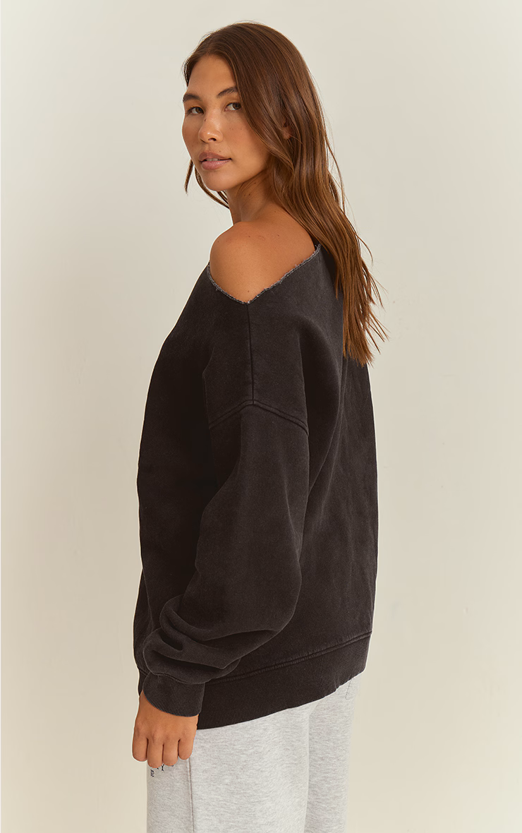 Charcoal Acid Wash Oversized Off Shoulder Sweatshirt
