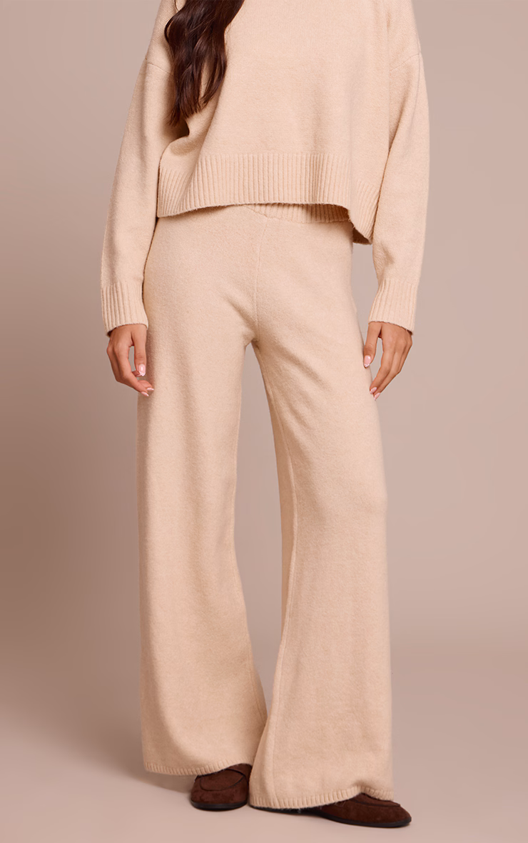 Beige Wide Leg Knitted Pants