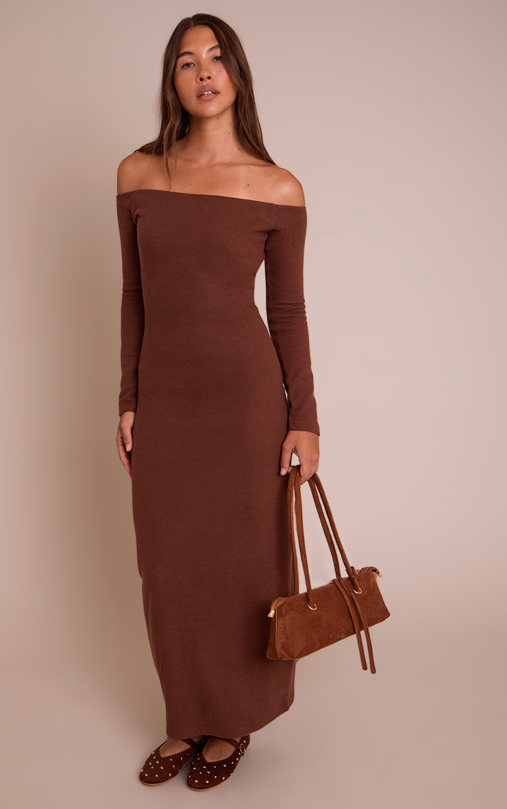 Chocolate Super Soft Bardot Long Sleeve Maxi Dress