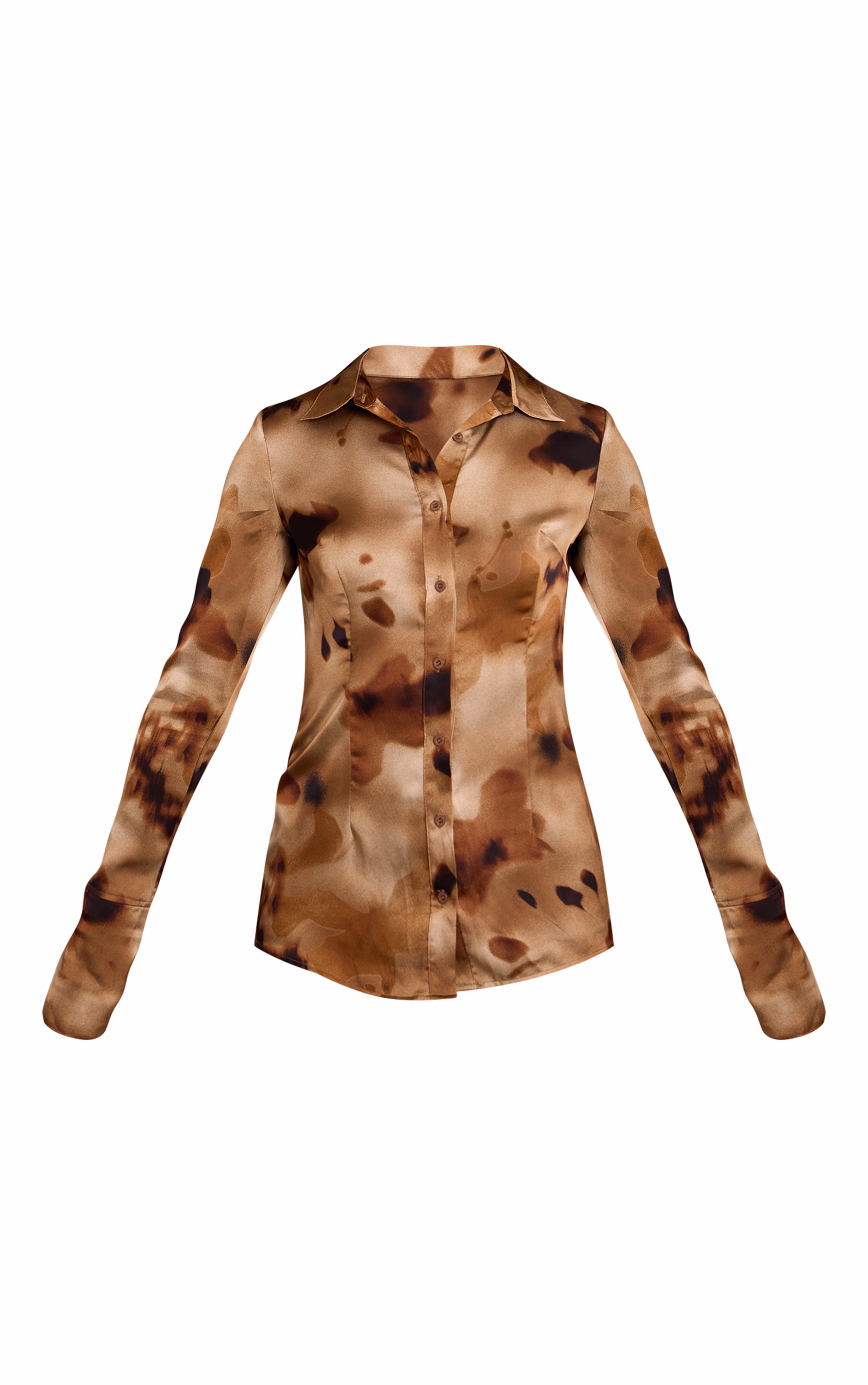 Brown Floral Abstract Print Satin Fitted Shirt