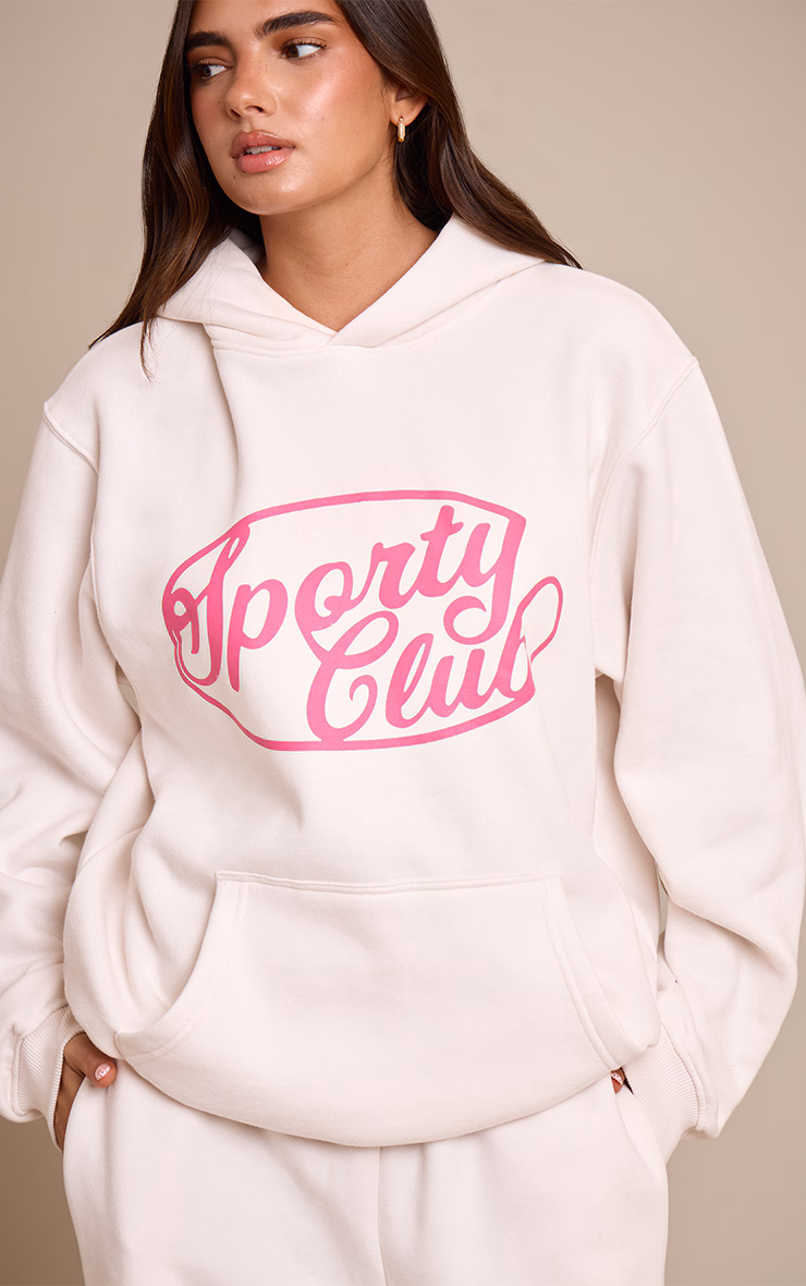 Cream Sports Club Cotton Fleece Oversized Pull Over Hoodie