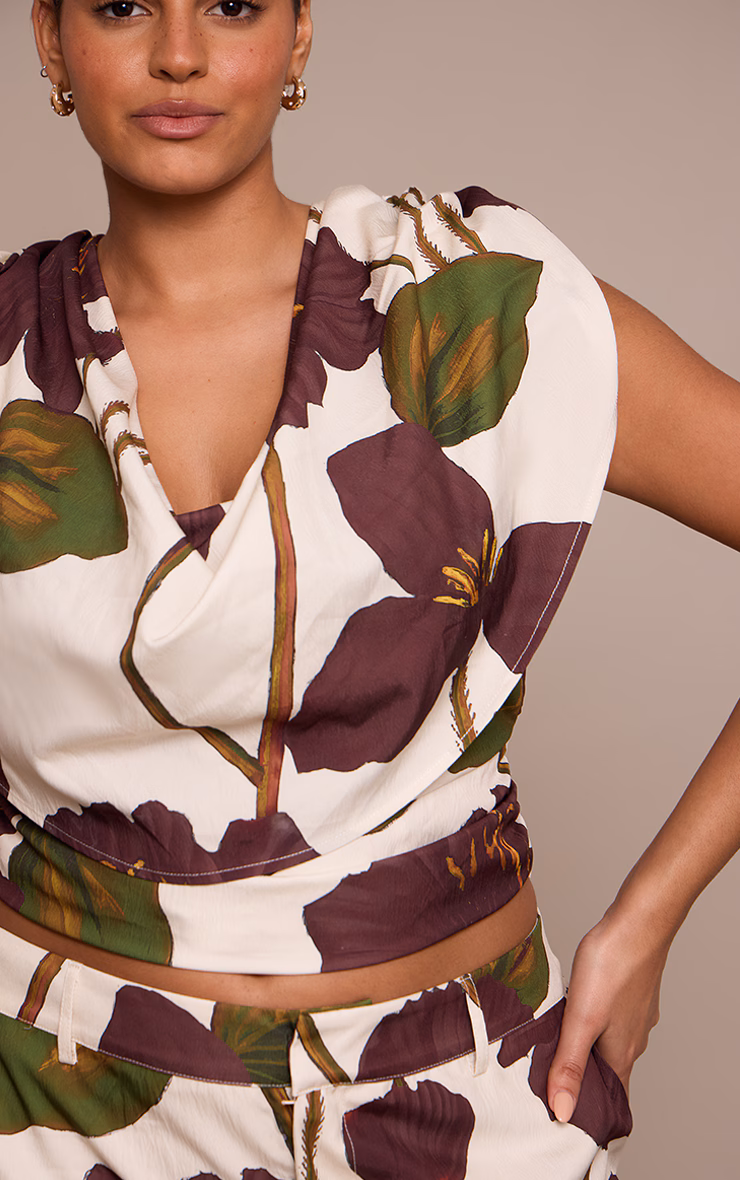 Plus Floral Print Woven Ruched Shoulder Cowl Neck Top