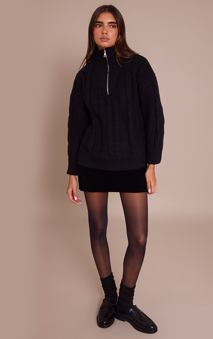 Black Zip Detail Cable Knit Oversized Sweater