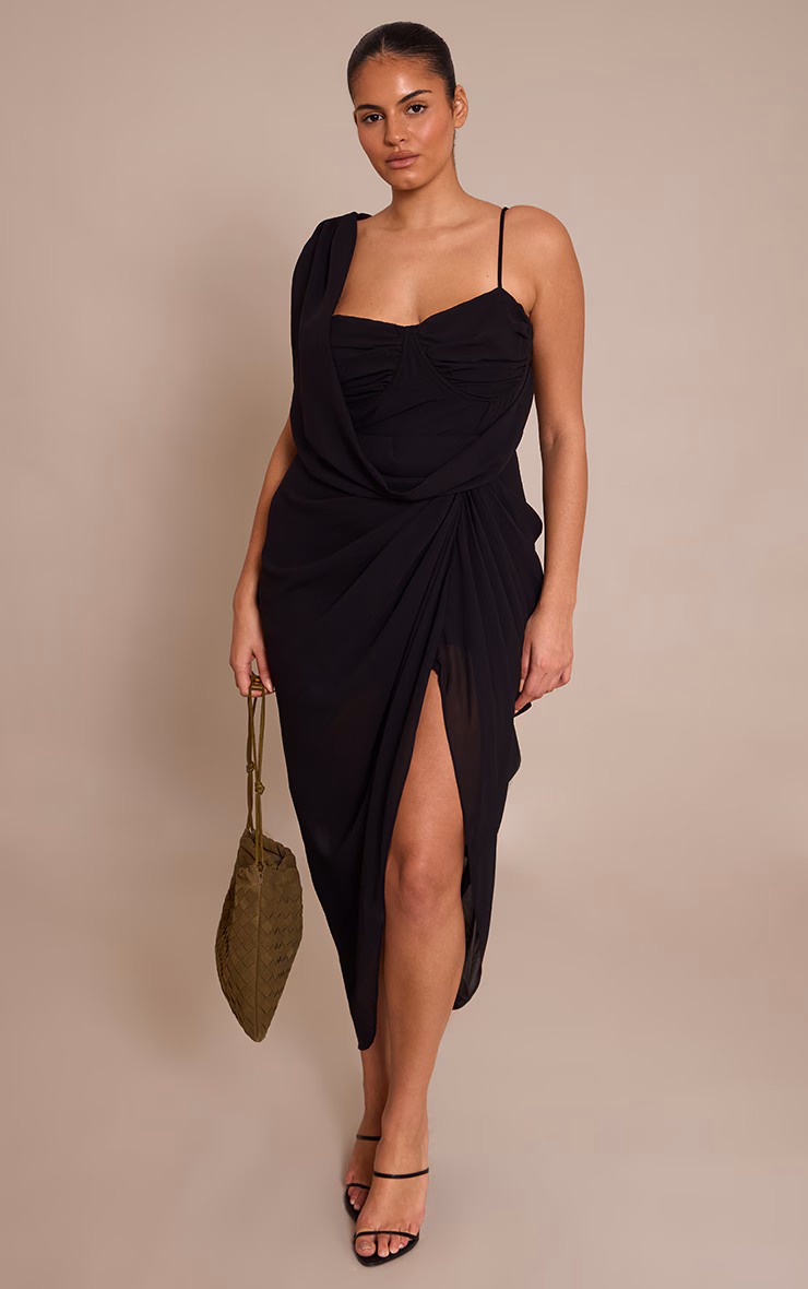 Plus Black Chiffon Overlay Detail Drape Midi Dress