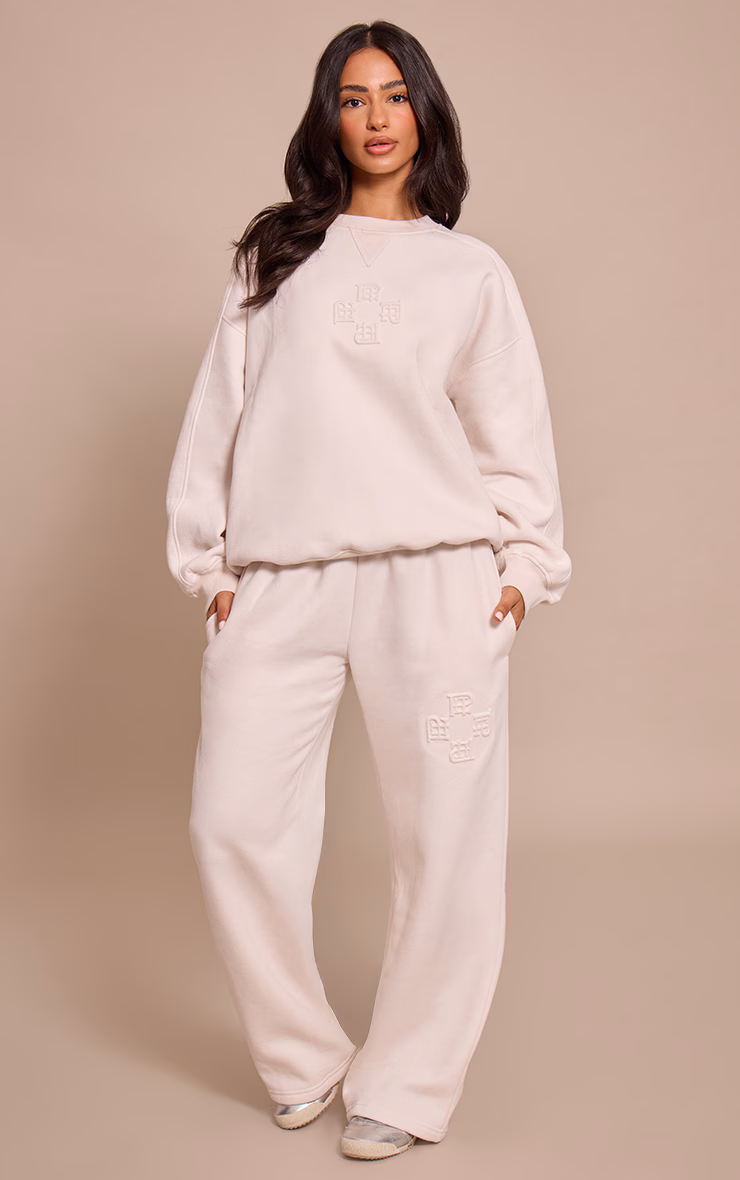 Petite Cream PLT Embossed Wide Leg Sweatpants