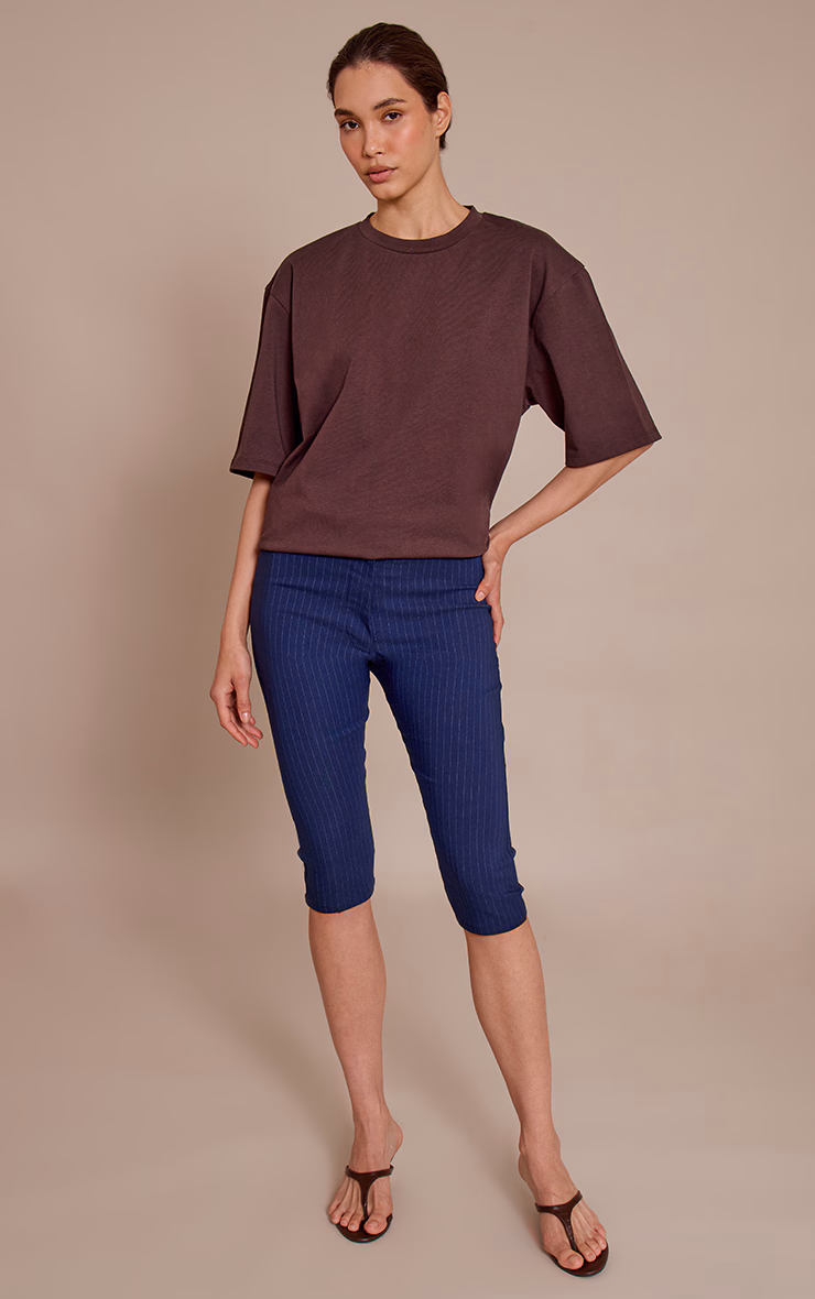 Navy Pinstripe Stretch Woven Placket Detail Capri's