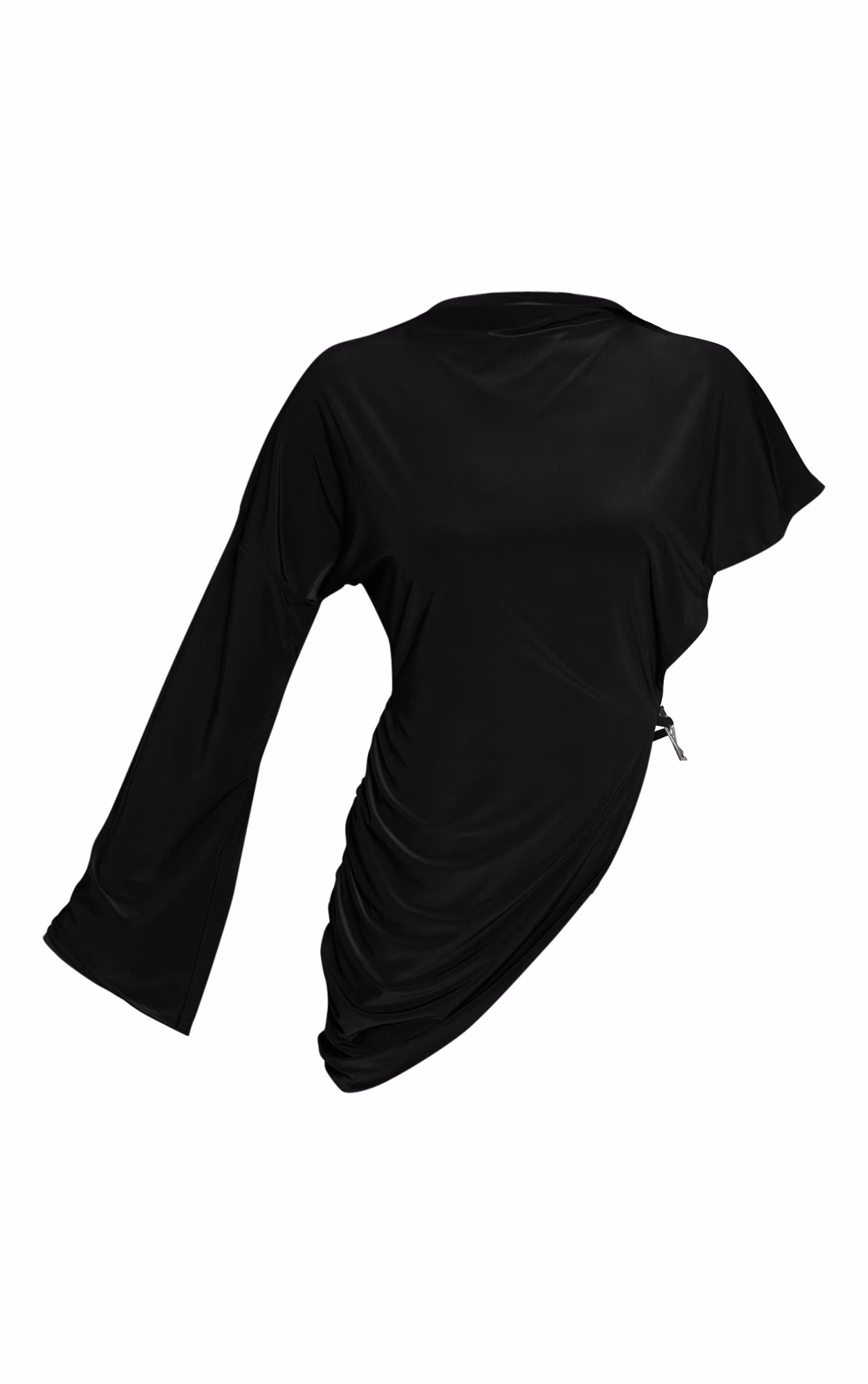 Black Double Layer Slinky Oversized Drape Detail Long Sleeve Top