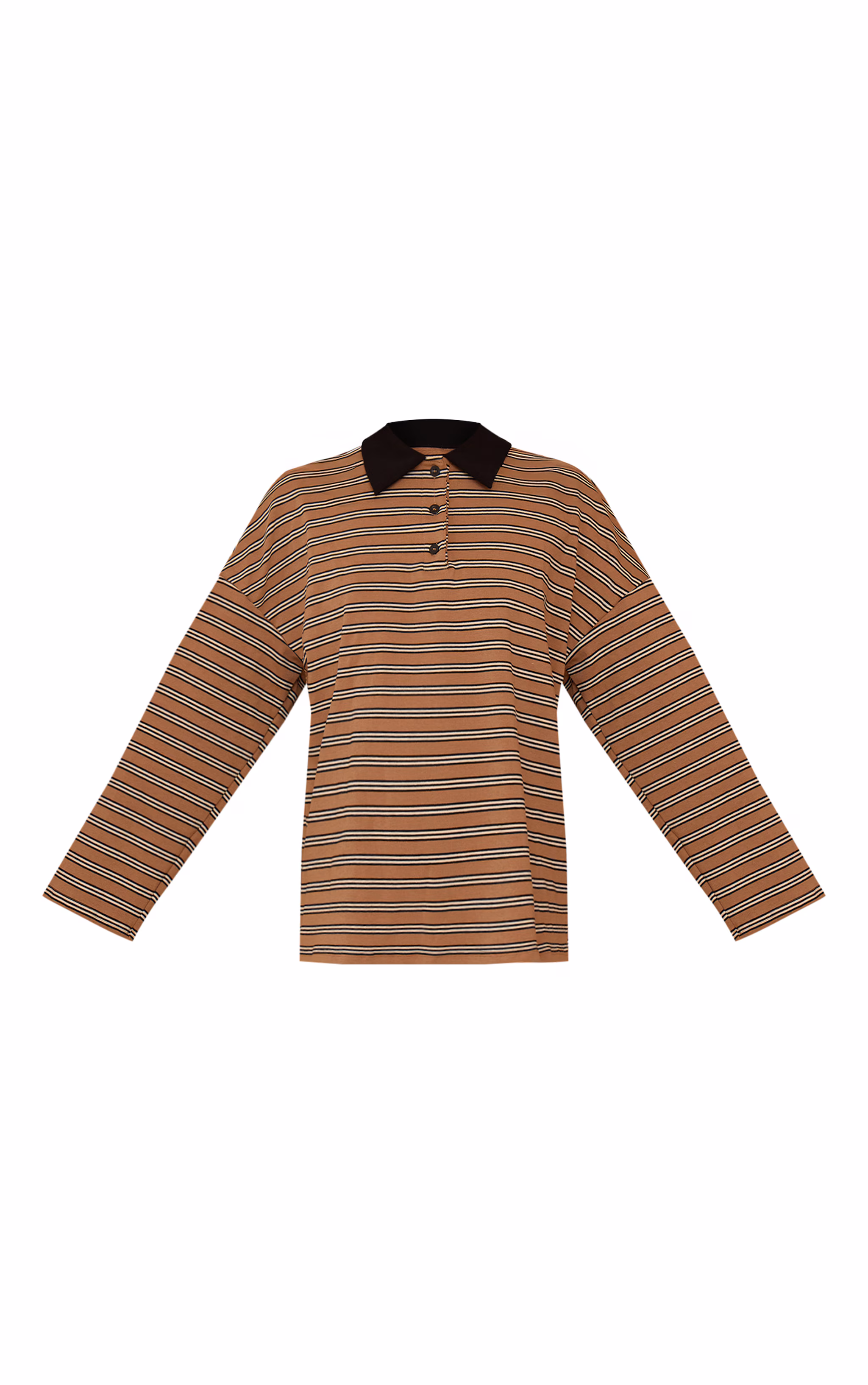 Tan Stripey Collar Detail Long Sleeve Rugby Top