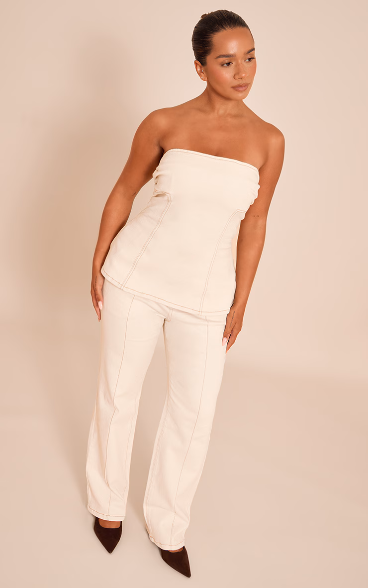 Shape Ecru Stretch Denim Ruched Bust Peplum Top