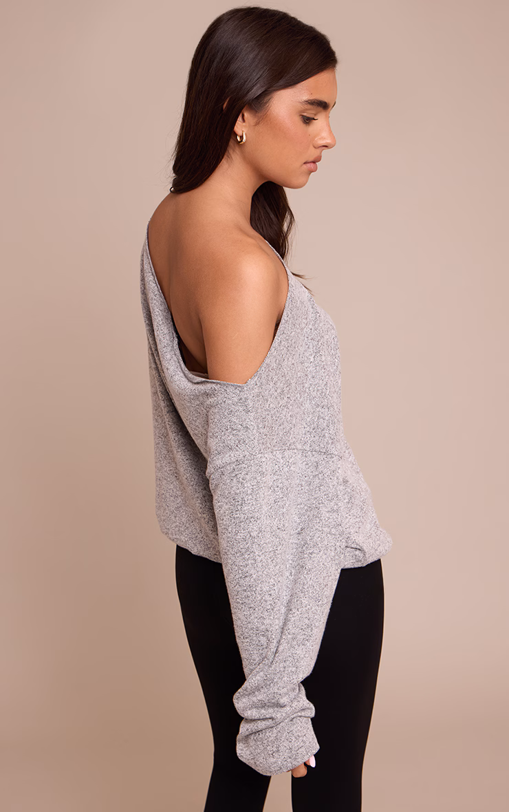 Grey Marl Soft Knit Asymmetric Oversized Slouchy Long Sleeve Top