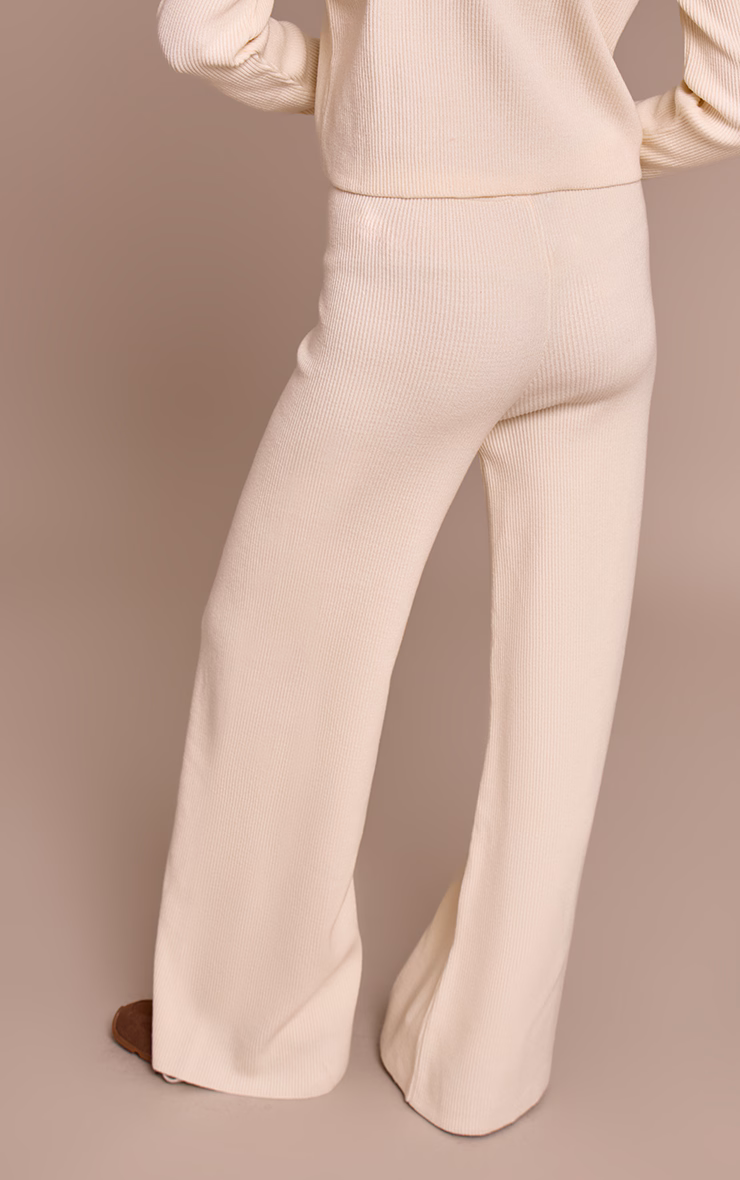 Cream Ribbed Wide Leg Knit Pants