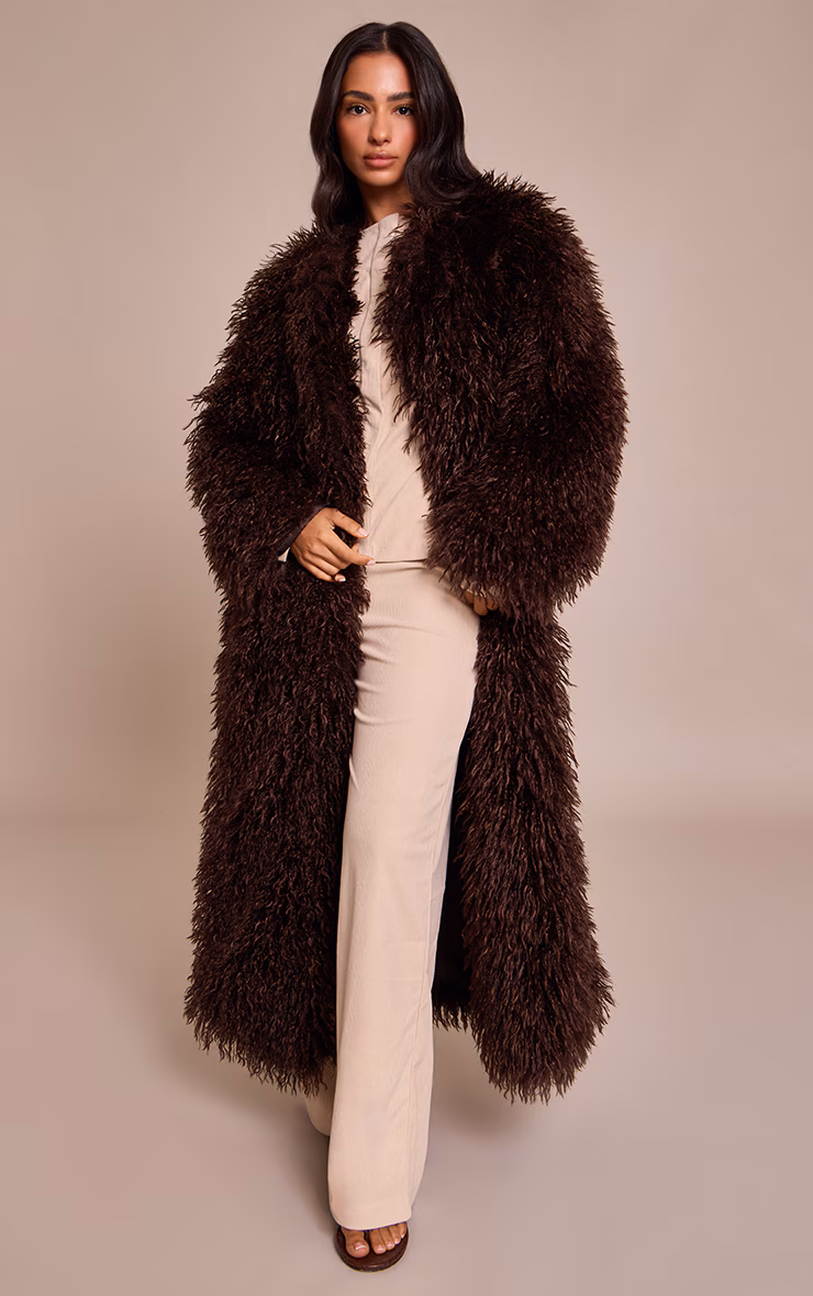 Petite Chocolate Faux Mongolian Fur Collarless Maxi Coat