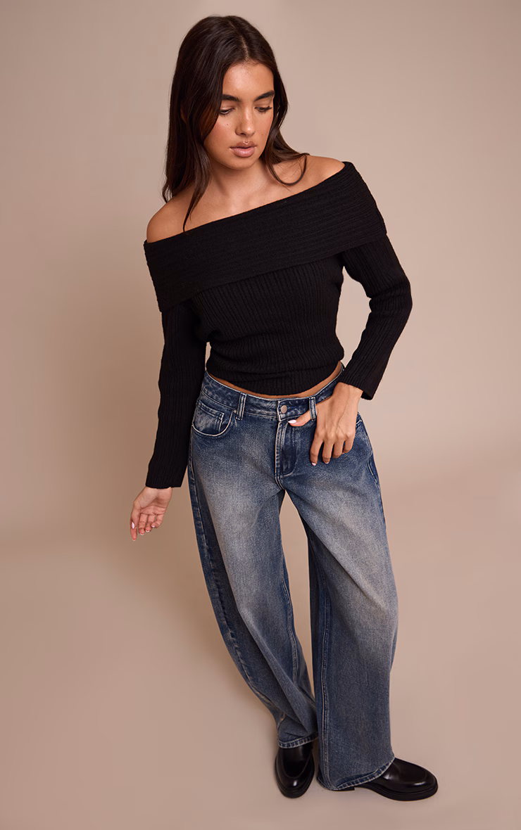 Black Off The Shoulder Knit Long Sleeve Top