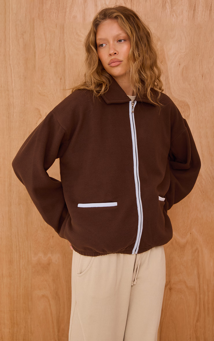 Espresso Contrast Binding Zip Up Fleece