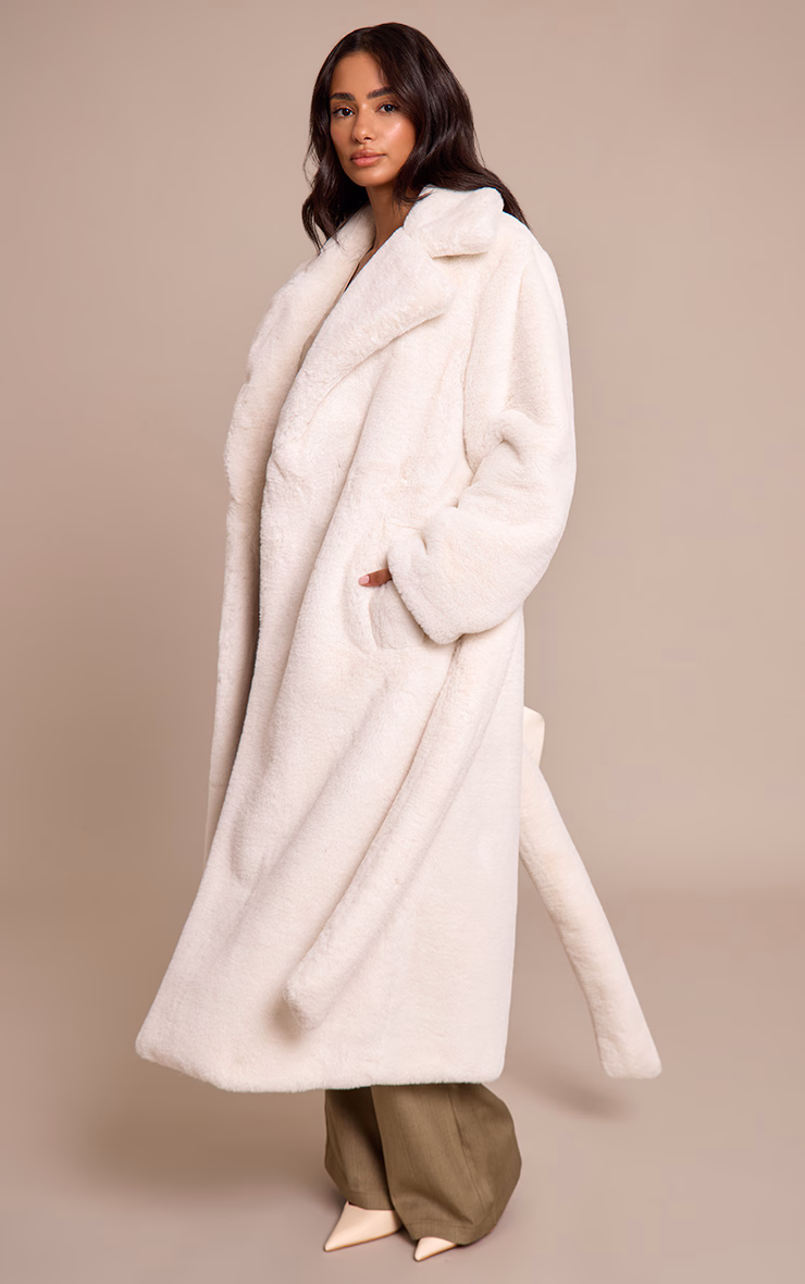 Petite Beige Faux Fur Tie Waist Maxi Coat