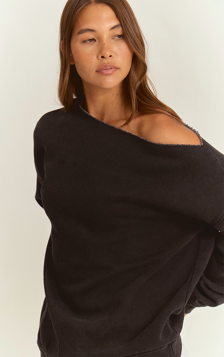 Charcoal Acid Wash Oversized Off Shoulder Sweatshirt