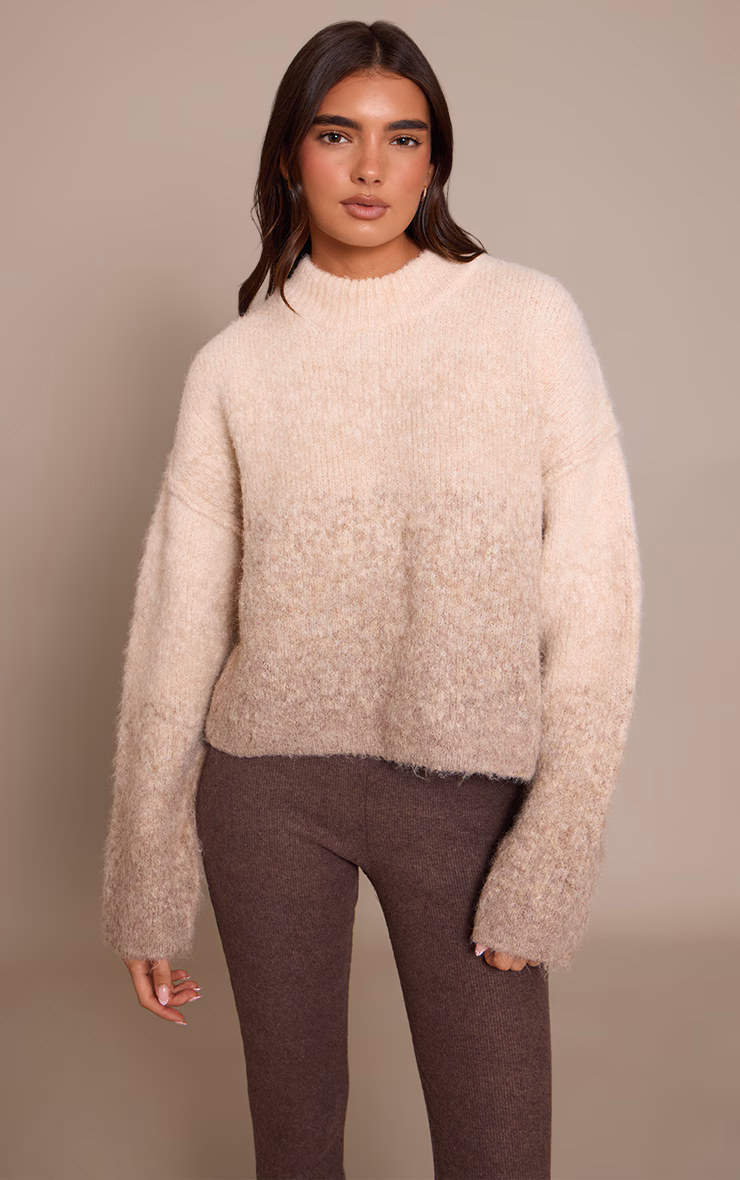 Beige Ombre Crew Neck Knitted Sweater