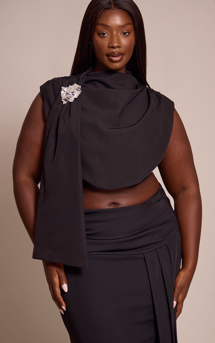 Plus Premium Black Woven Trim Detail Draped Crop Top