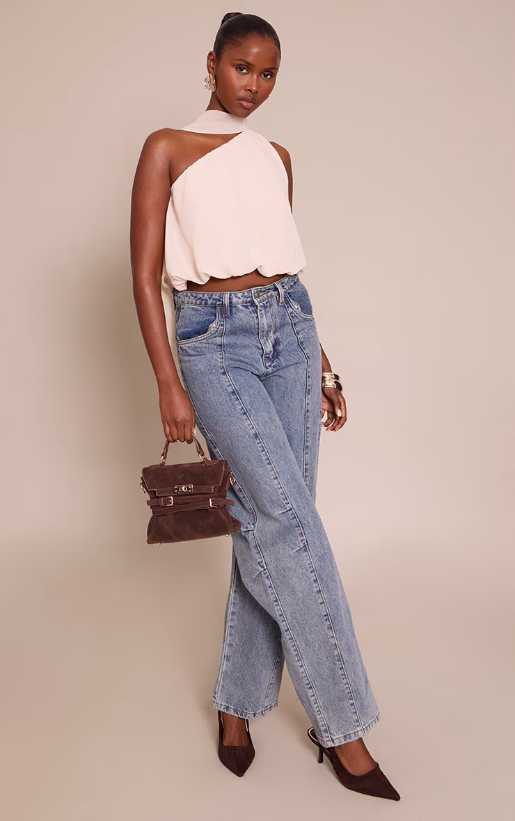 Cream Mesh Halterneck Scarf Detail Top