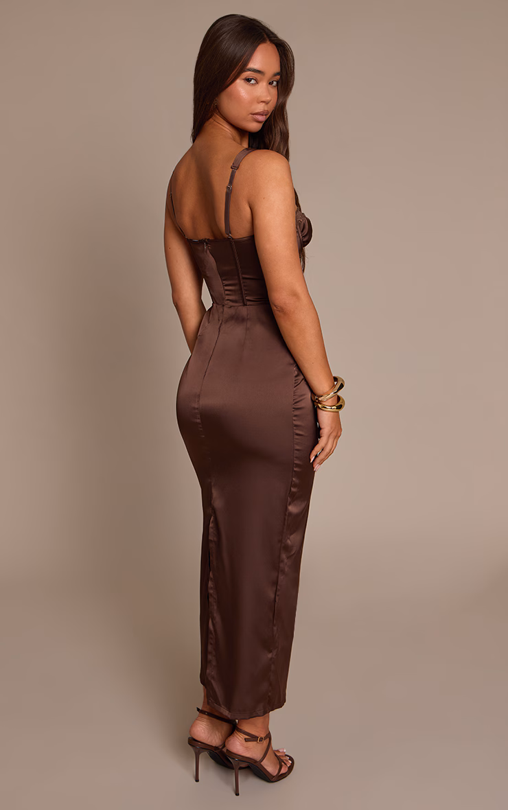 Chocolate Satin Lace Cup Detail Midi Dress