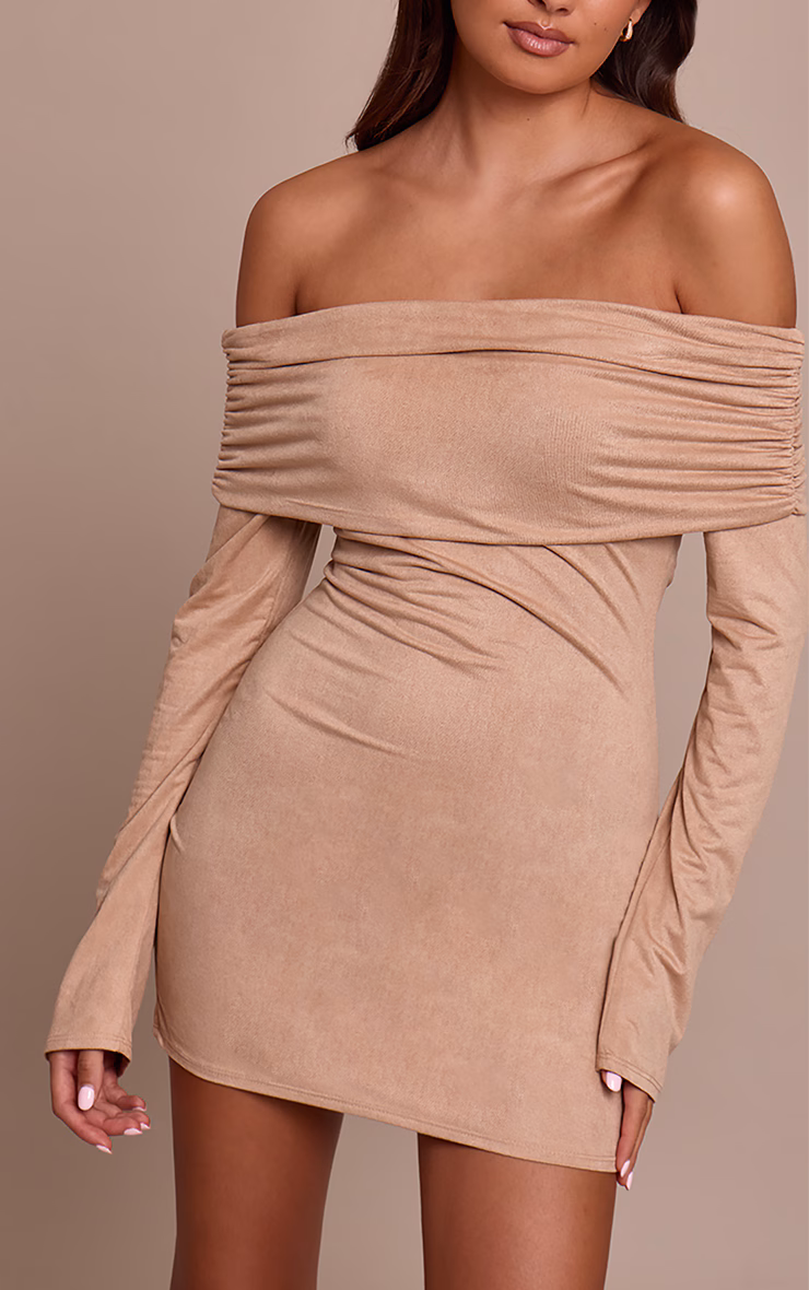 Cream Faux Suede Bardot Long Sleeve Bodycon Dress