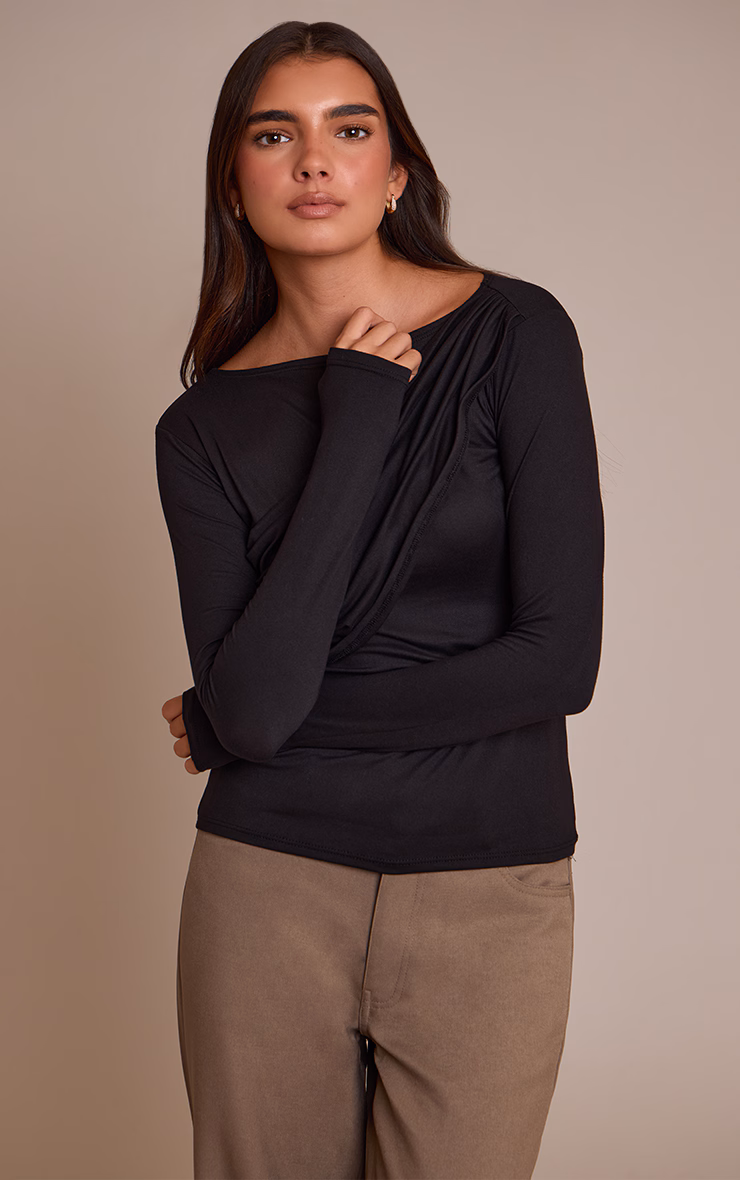 Black Soft Touch Drape Detail Long Sleeve Top