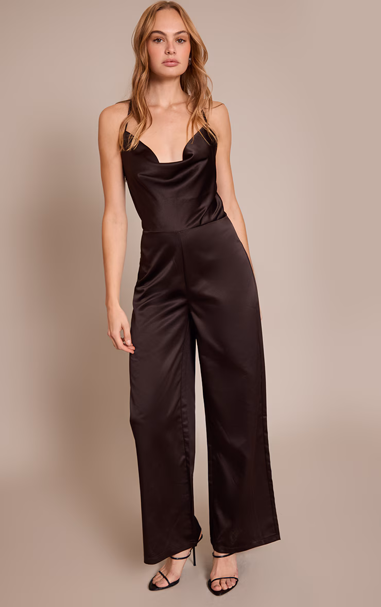 Chocolate Satin Cowl Cross Back Jumpsuit