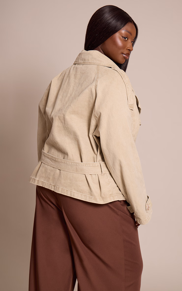 Plus Stone Belted Button Detail Cropped Denim Trench