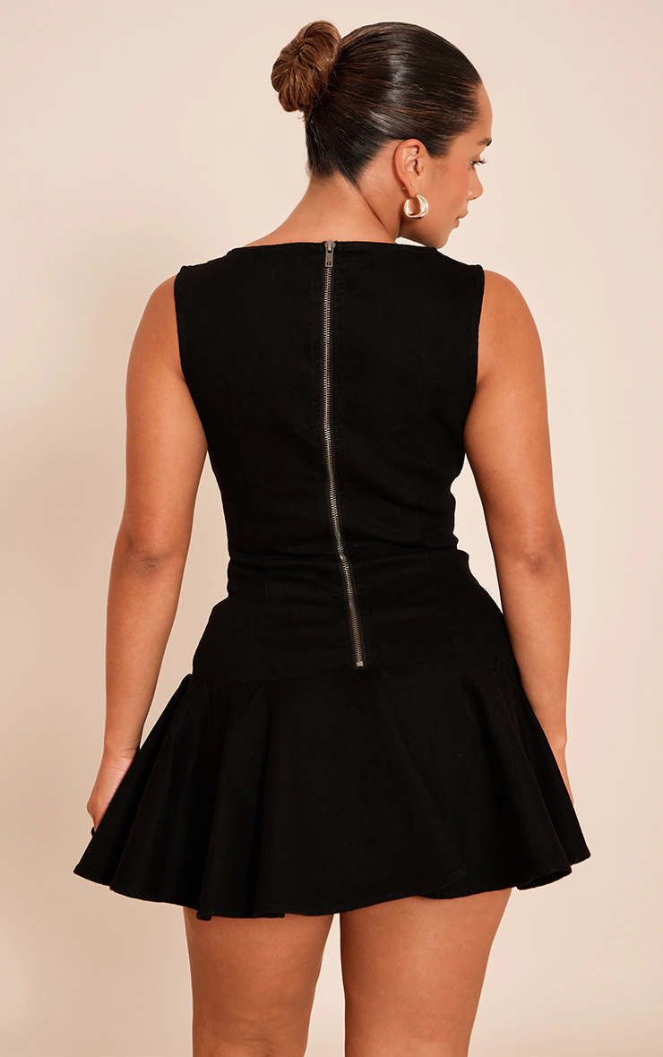 Shape Black Stretch Denim Boat Neck Dropped Hem Mini Dress