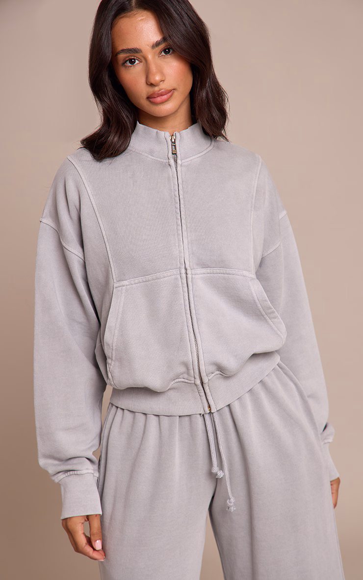 Petite Ash Grey Acid Wash Funnel Neck Zip Sweatshirt