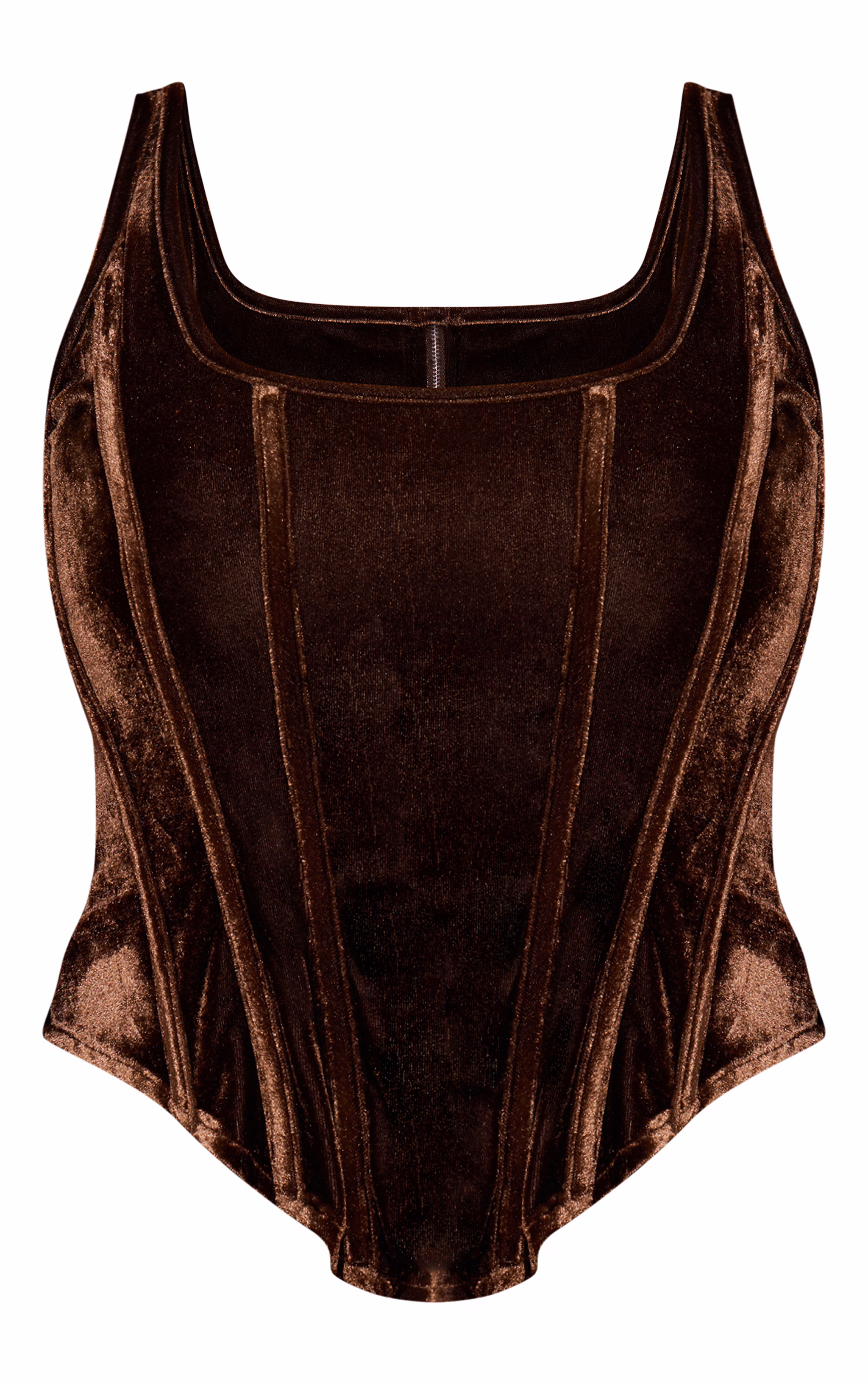 Chocolate Velvet Boned Dip Hem Longline Corset