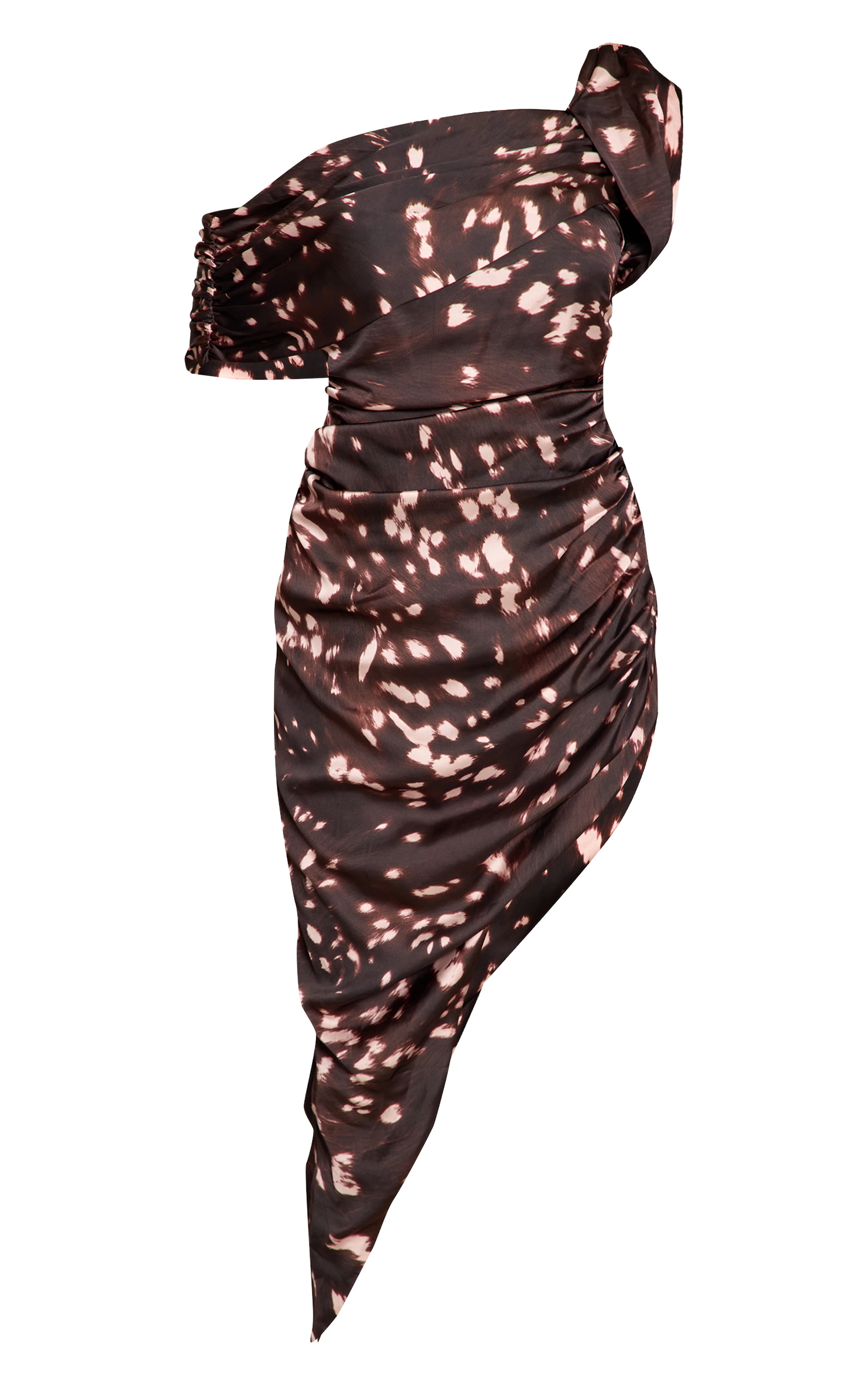 Brown Abstract Print Bardot Asymmetric Hem Dress
